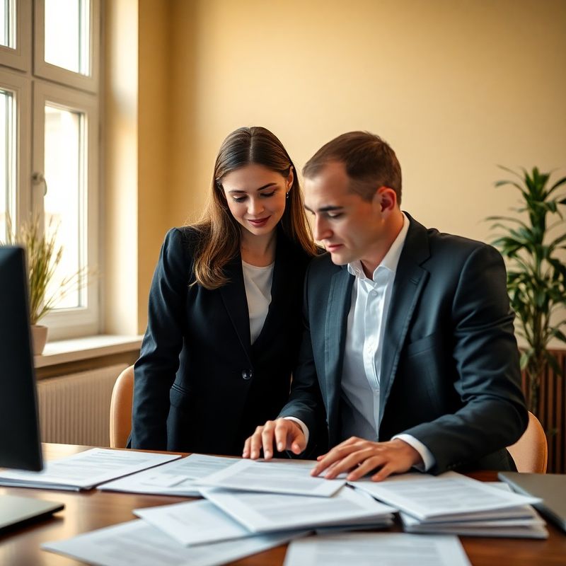 Doi consultanți Modern Atelier discutând peste documente într-un birou crem cu accente verde-pădure